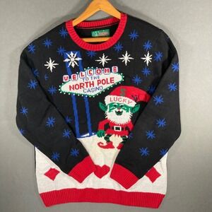 Ugly Christmas Sweater North Pole Casino Lucky Elf Holiday Black Mens L
